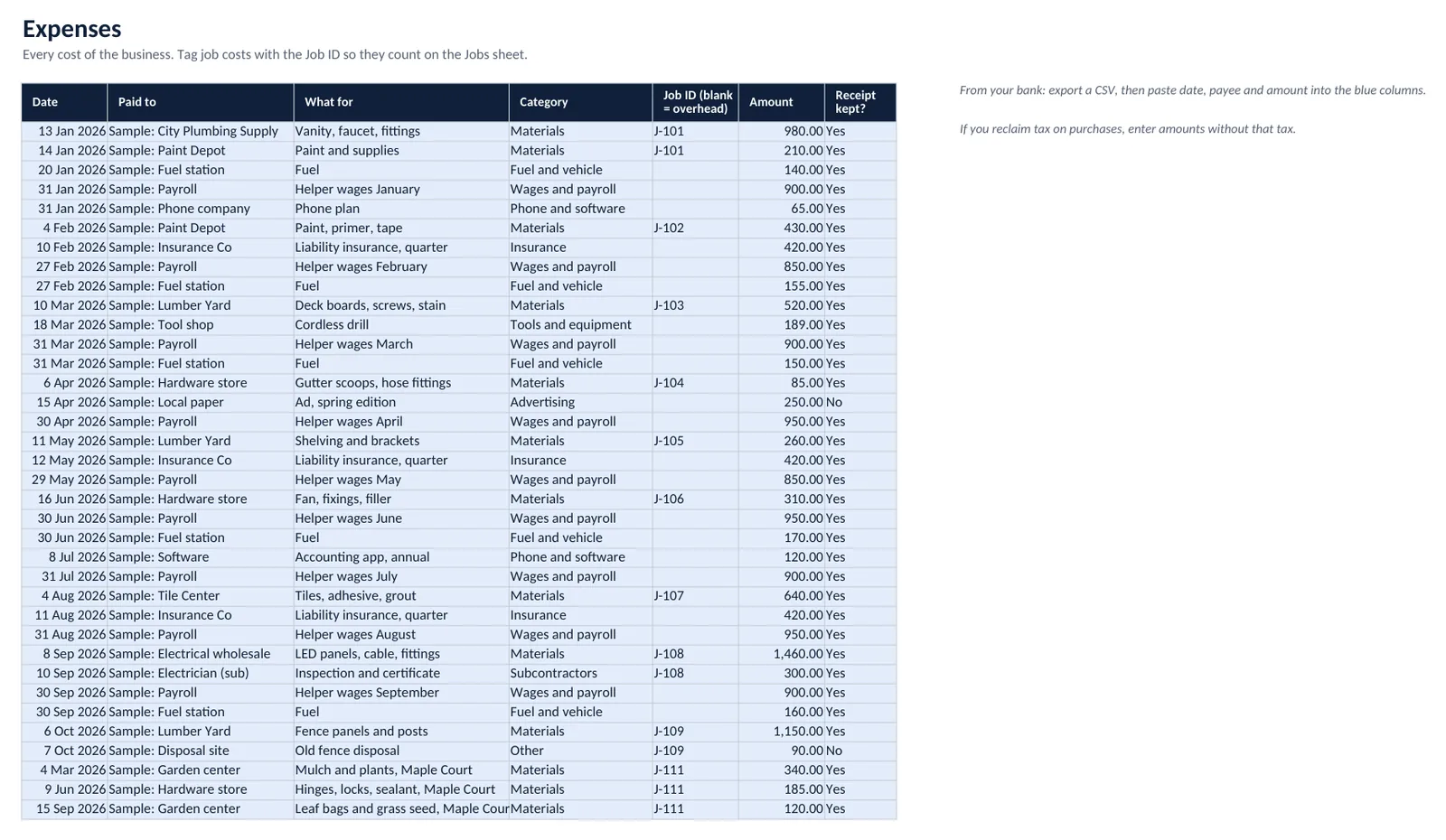Expenses sheet of the Back Office workbook with sample data