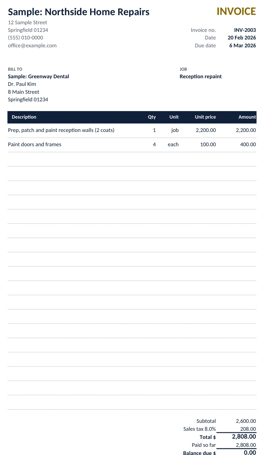 Invoice sheet of the Back Office workbook with sample data