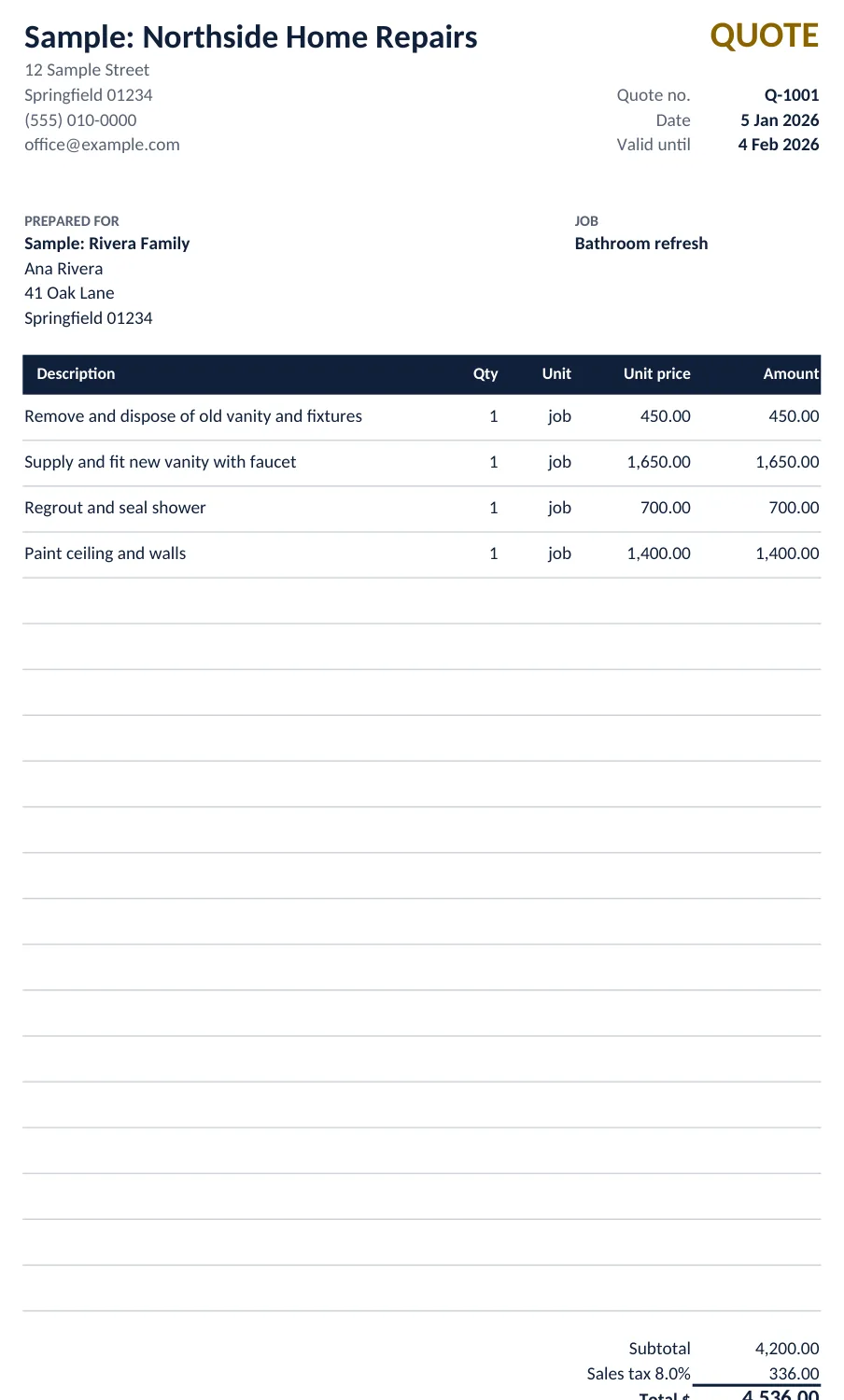 Quote sheet of the Back Office workbook with sample data