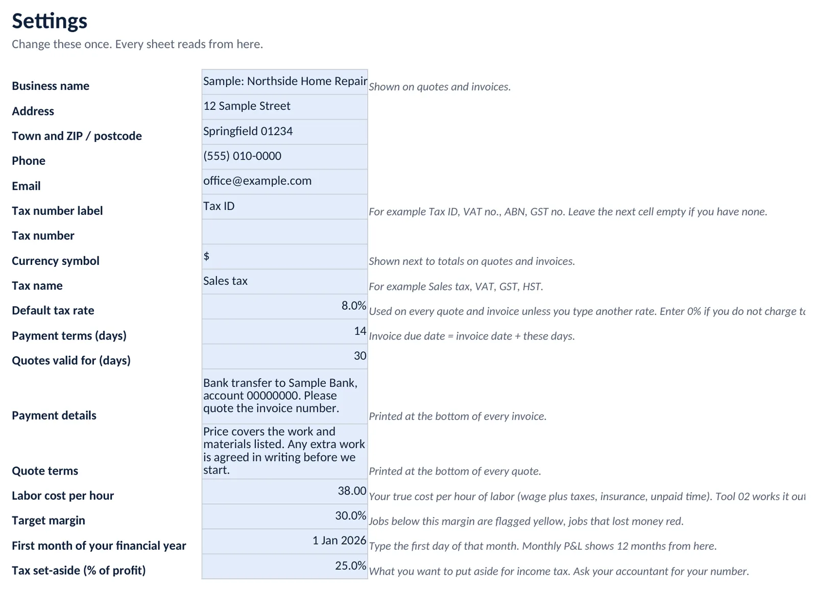 Settings sheet of the Back Office workbook with sample data